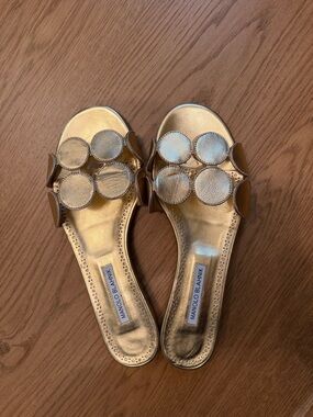 Manolo Blahnik Haribal Metallic Gold Leather Slide Mules